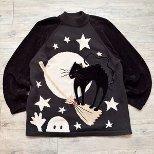 Vintage Halloween Sweater Black Cat Moon Ghost Stars Size Large Richard Sport
